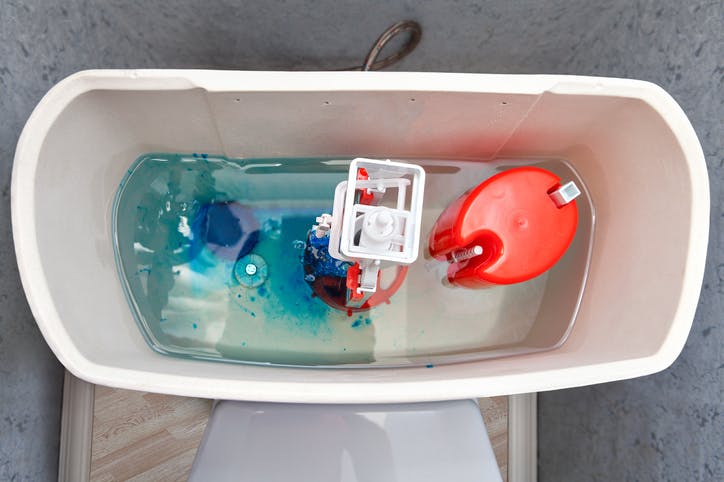 Una caja de inodoro incorporada con una vista de arriba hacia abajo.  La caja adjunta está abierta y puede ver que la tableta del inodoro se desintegra lentamente en el agua, lo que gradualmente vuelve el agua azul.