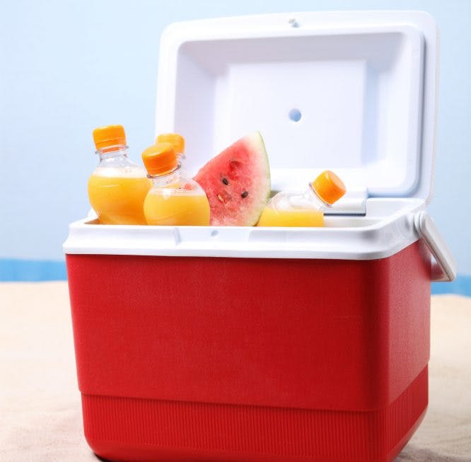 Caja térmica roja abierta.  En su interior se pueden ver botellas con zumo de naranja y trozos de sandía.
