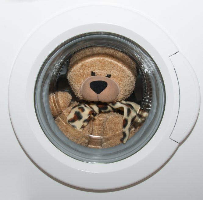 oso de peluche marrón dentro de una lavadora.  La máquina tiene un cristal redondeado y parece estar mirando a través del cristal.