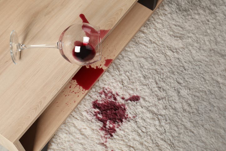 Una copa de vino se derramó sobre la alfombra.