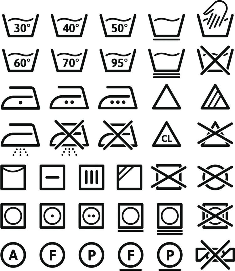 Símbolos en las etiquetas de la ropa que indican cómo lavar, centrifugar y planchar las prendas.